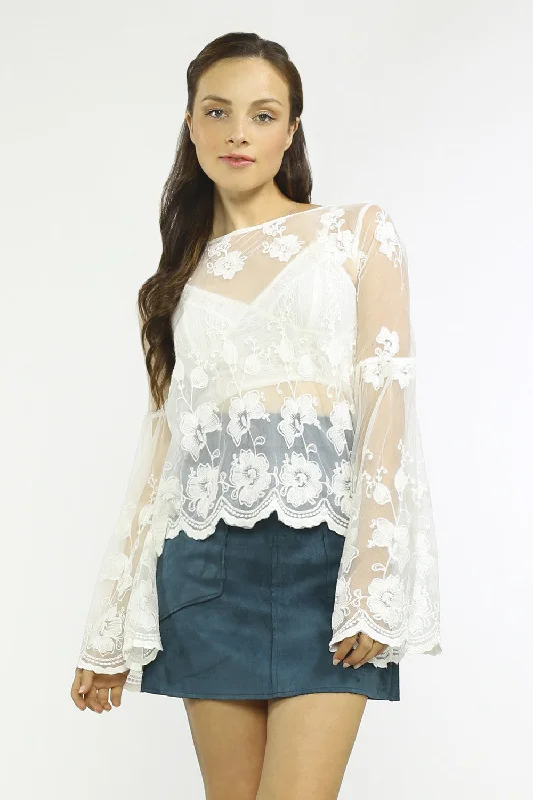 Price Reduction Sheer Lace Bell Sleeve Blouse