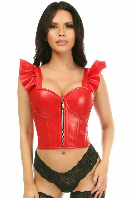 Get It Before It’s Gone Sexy Red Faux Leather Bustier Top with Ruffle Sleeves