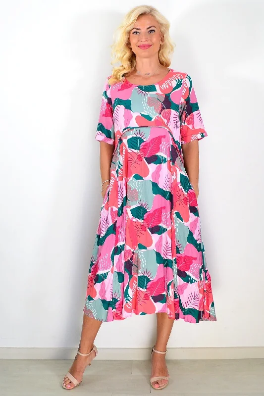 Clearance Sale Aqua Pink Botanical Tunic Midi Dress