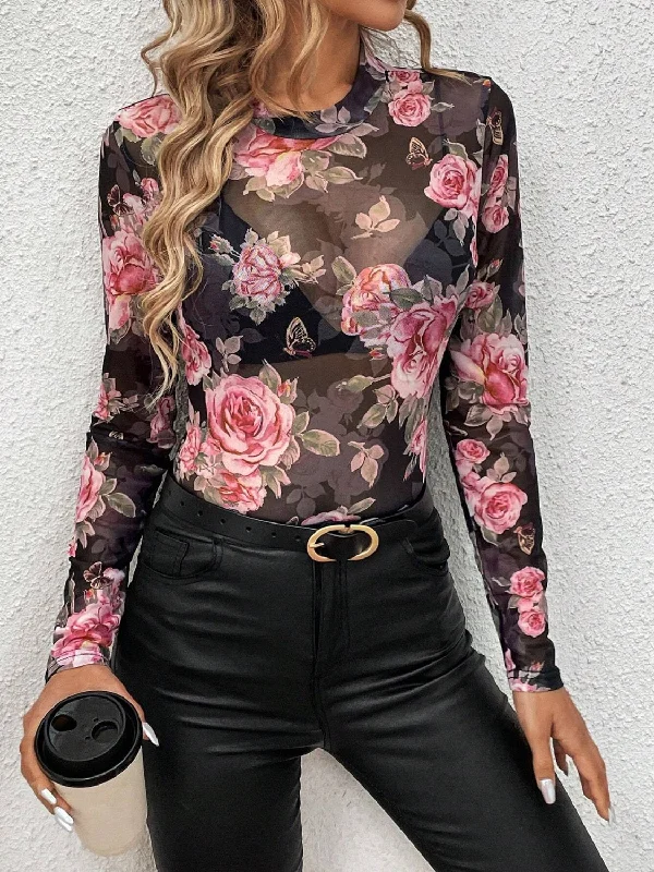 Value Deals Mesh Floral Mock Neck Long Sleeve Top