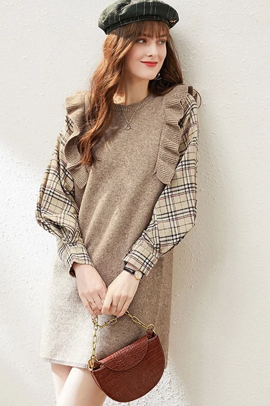 Value Deals Knit Dress W/ Plaid Sleeve