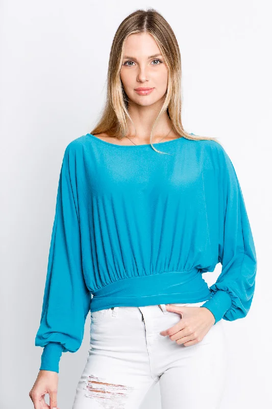 Midnight Sale Long Cuff Sleeve Boat Neck Top in Teal (FL19H454)