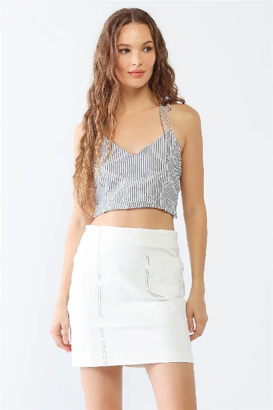 Massive Deal Stripe Print Sleeveless Self-Tie V-Neck Crop Top