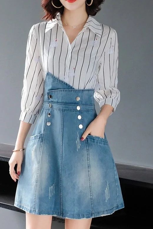 Weekend Bargains to Indulge In Embroidered Striped Denim Illusion Dress