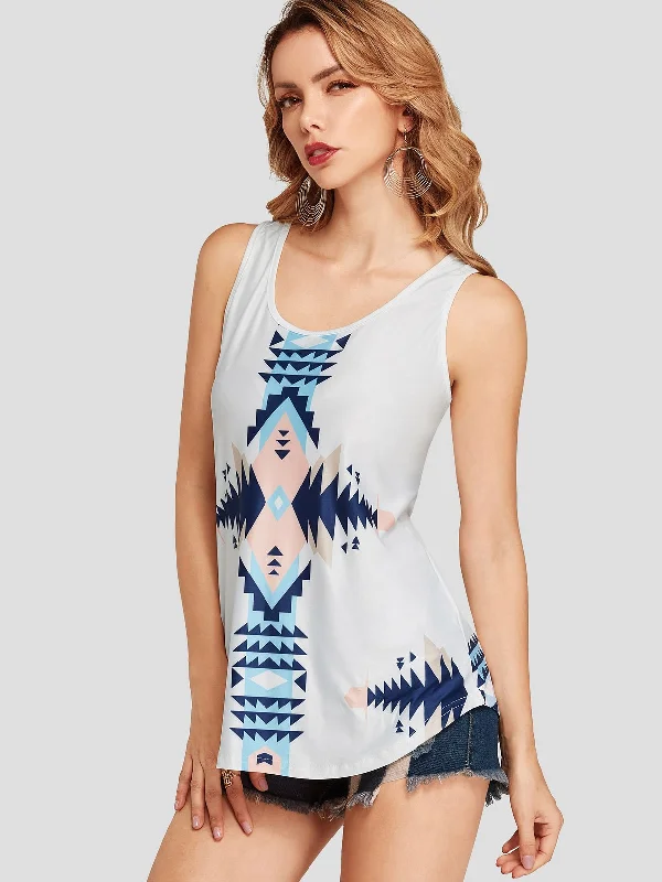 One-Day Only Custom Scoop Neck Geometrical Sleeveless White Camis
