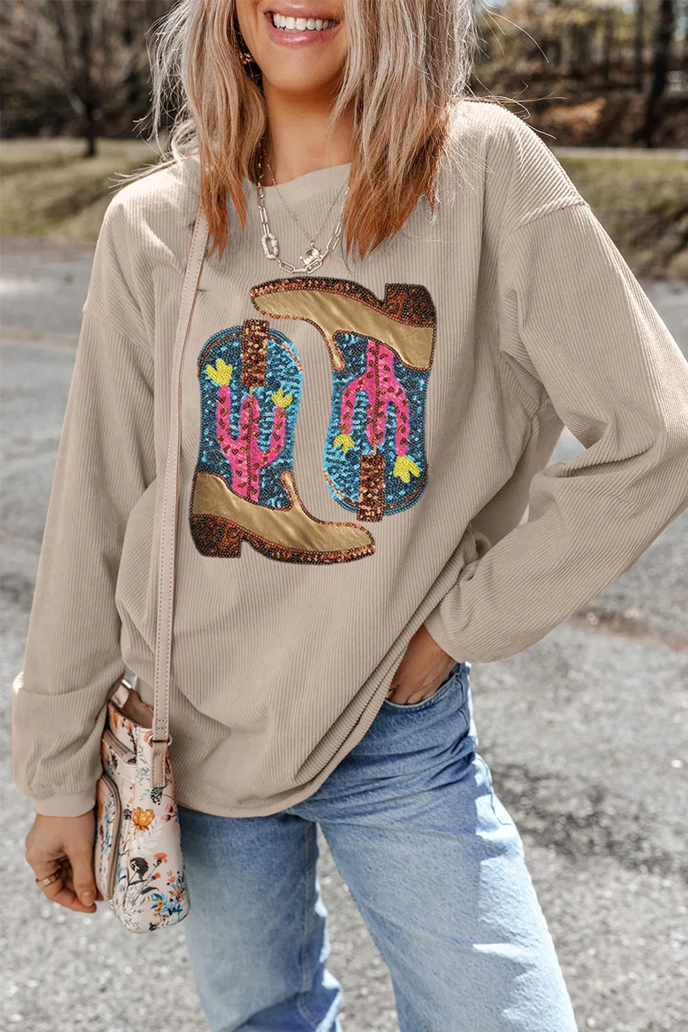Weekend Savings Sensation Full Size Sequin Boots Round Neck Long Sleeve Sweatshirt