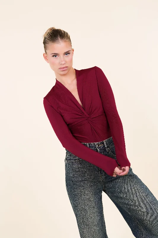Deal Mania Bodysuit met knoopdetail burgundy - Alyna