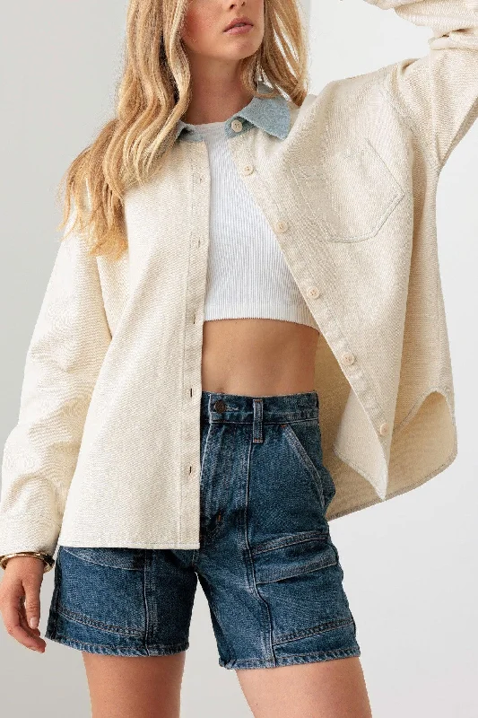 Weekend Offers That Dazzle Cream Contrast Collar Cotton Pocket Oversized Shacket