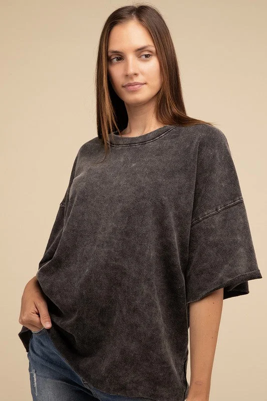 Mega Sale French Terry Washed Drop Shoulder Short Sleeve Top
