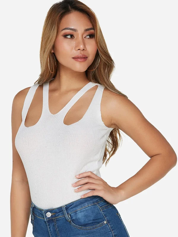 Midnight Madness Custom V-Neck Plain Cut Out Sleeveless White Tank Top