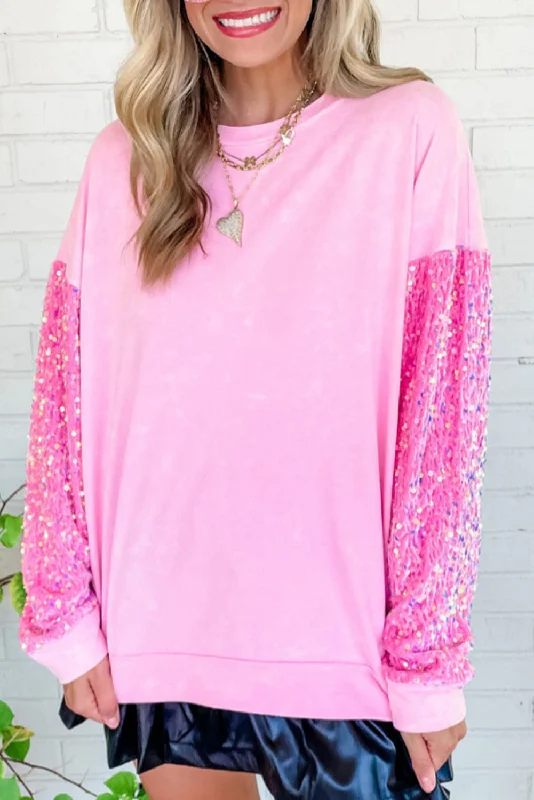 Super Bargain Pink Sequin Patchwork Long Sleeve Pullover Top