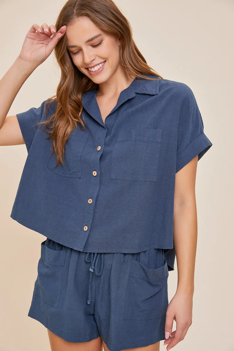 Weekend Deals You Can't Resist Button-Down Short Sleeve Front Pocket Linen Shirt