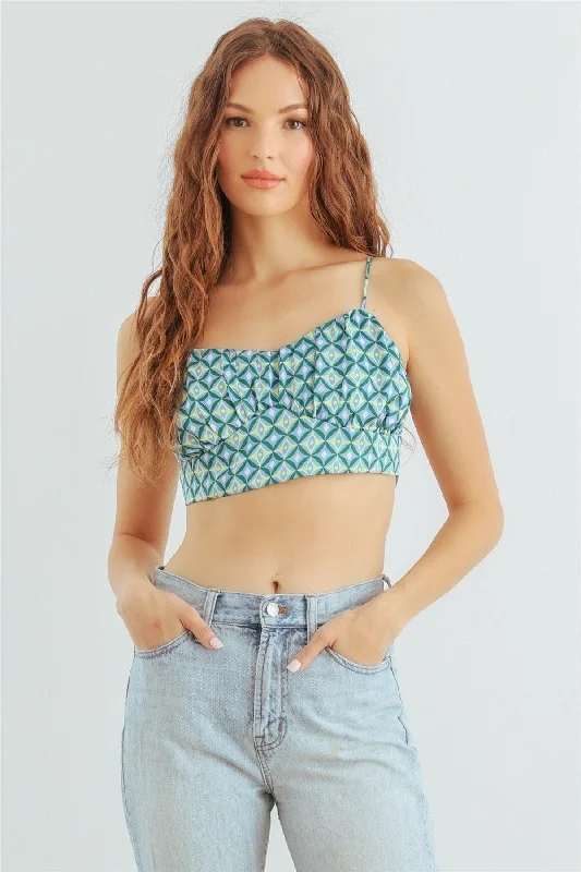 Today’s Deal Blue & Lime Abstract Satin Sleeveless Crop Top /1-2-2-1