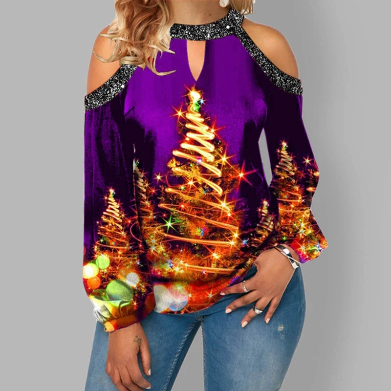 Weekend Offers That Sizzle Christmas Print Off Shoulder T-Shirt Wholesale Womens Tops