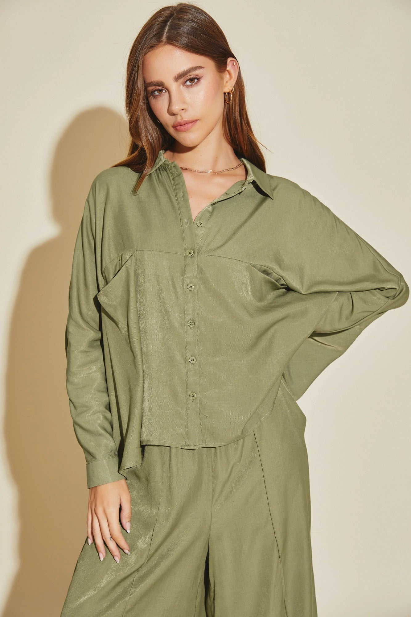 Limited Time Discount Luxe Satin Button-Down Oversized Flare Shirt