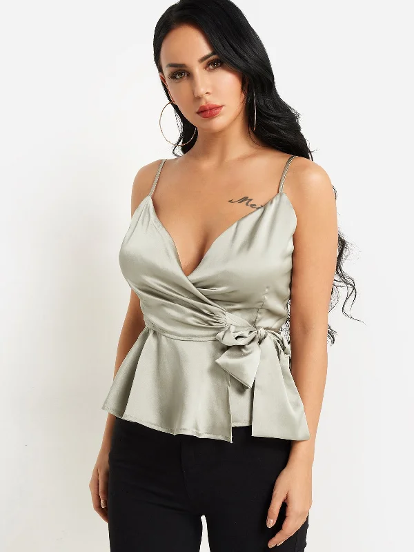 Price Reduction OEM ODM V-Neck Plain Self-Tie Sleeveless Flounced Hem Green Camis