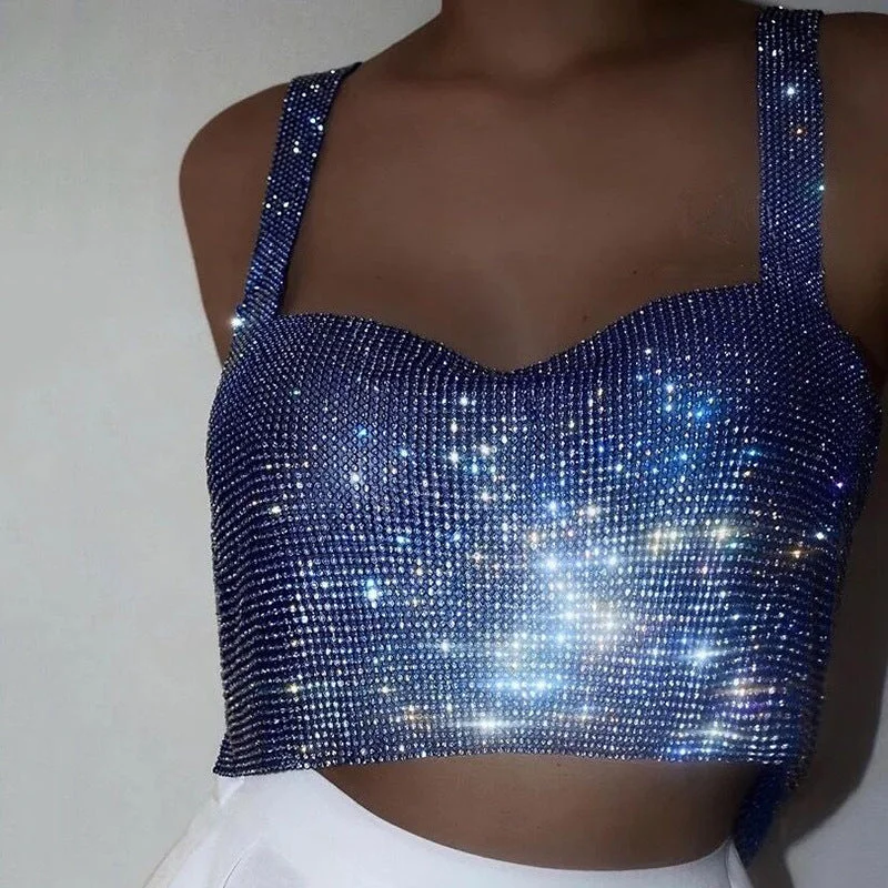 Price Fest SHIHAN Diamante Chainmail cropped top blue color rhinestone sparkle sexy birthday party tank tops women vest