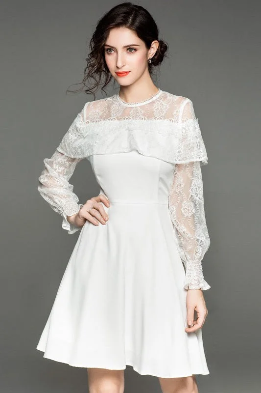 Savings Spectacular White Dress W/ Lace and Ruffle