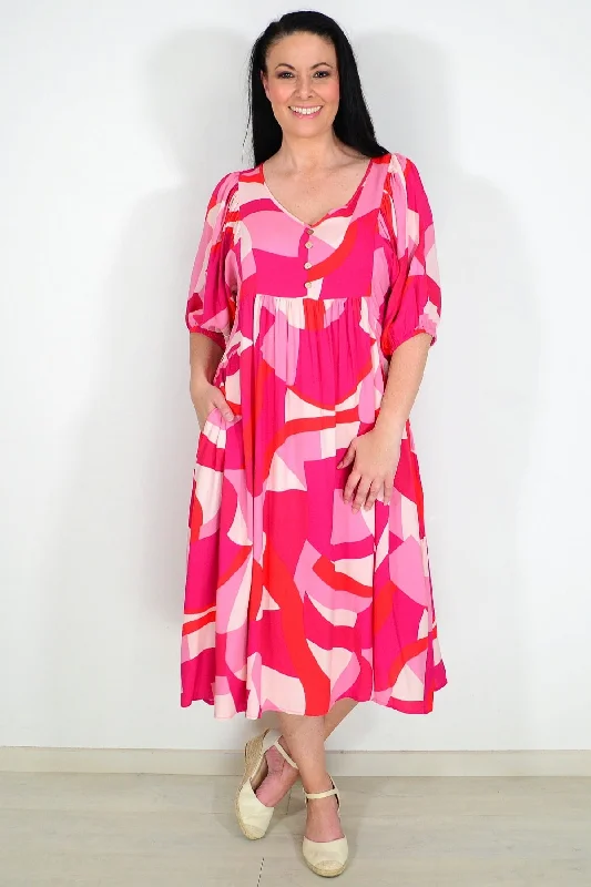 Discount Mania Pink Red Midi Tunic Dress
