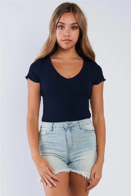 Weekend Offers That Tempt Navy Ribbed Short Sleeve V-Neck Ruffled Sleeve Top