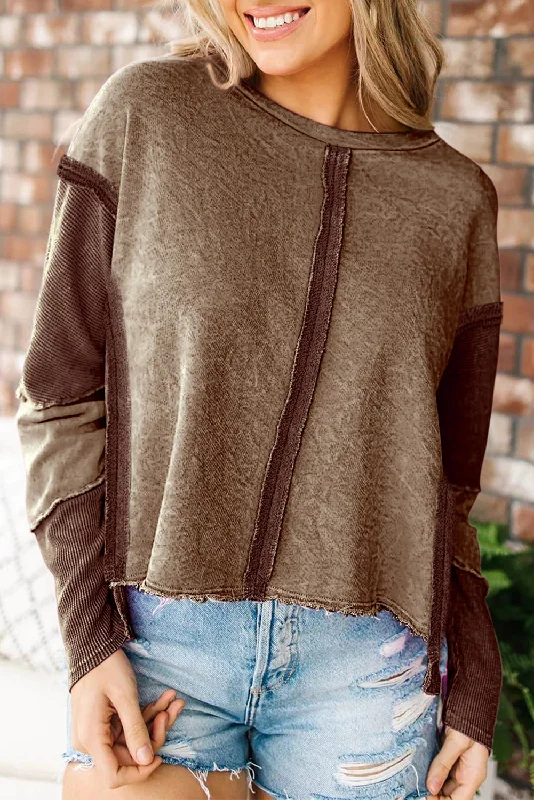 New Markdowns Orange Patchwork Long Sleeve Distress Pullover Top