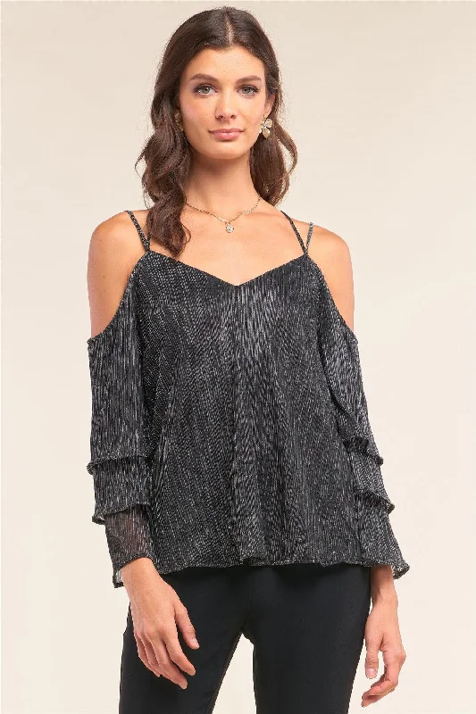 Weekend Savings Sensation Silver Lining Shimmer Mesh Off-The-Shoulder Long Layered Sleeve Relaxed Fit V-Neck Crisscross Back Top Weekend Savings Sensation Silver Lining Shimmer Mesh Off-The-Shoulder Long Layered Sleeve Relaxed Fit V-Neck Crisscross Back Top