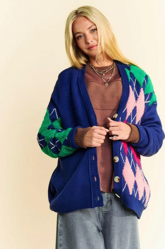 Weekend Offers You Can't Ignore Davi & Dani Argyle V-Neck Dropped Shoulder Cardigan