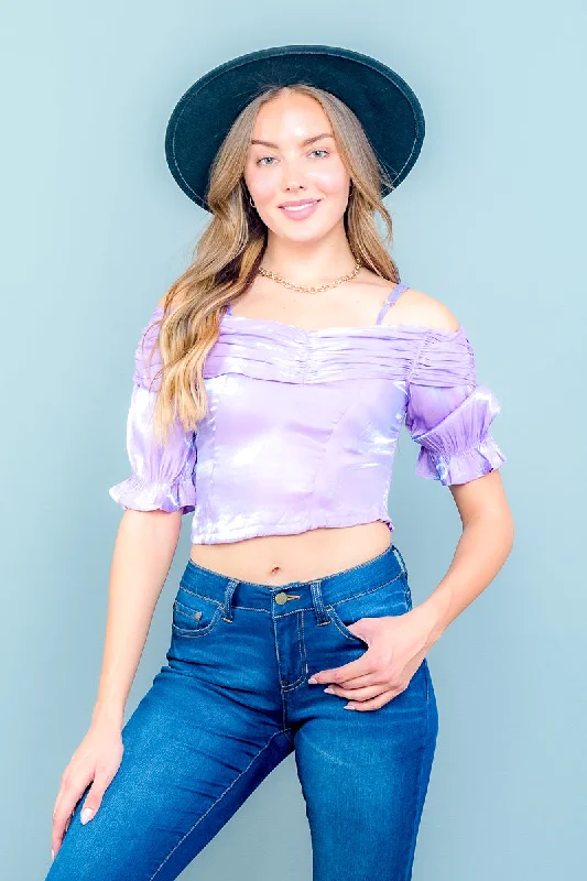Anniversary Sale Off Shoulder Spaghetti Strap Crop Top with Ruffled Balloon 1/2 Sleeves (Y21059)
