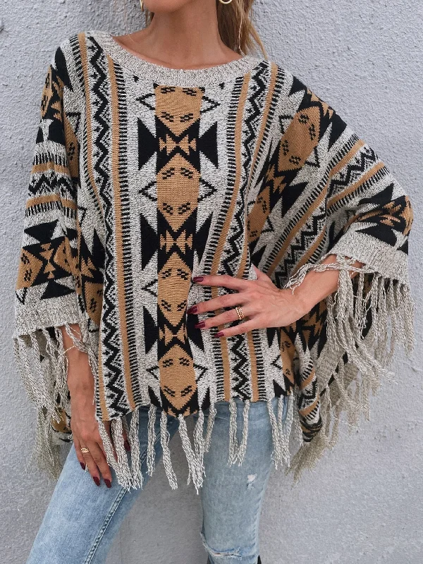 Take Advantage Casual Geometric Fringe Long Sleeve Round Neck Regular Women Sweater