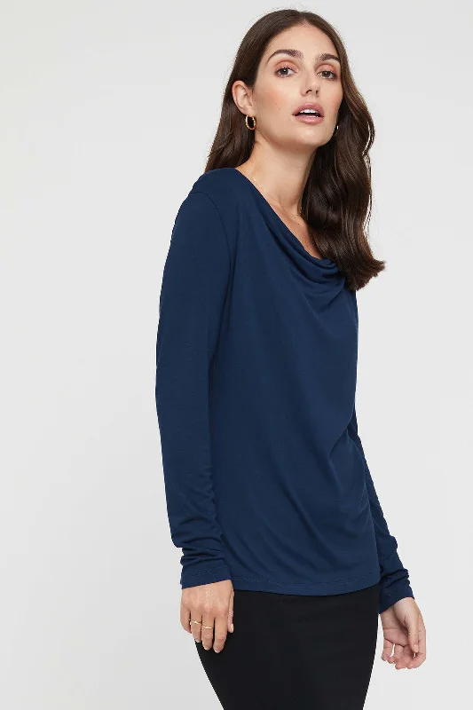 Weekend Shopping Extravaganza Long Sleeve Cowl Neck Top - Navy