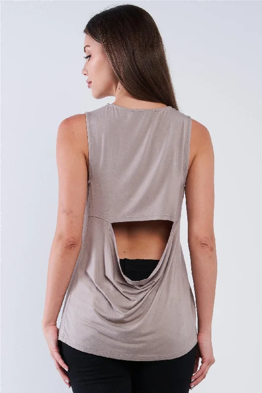 Weekend Deals That Sparkle Taupe Cut Out Crew-Neck Sleeveless Casual Tunic Top