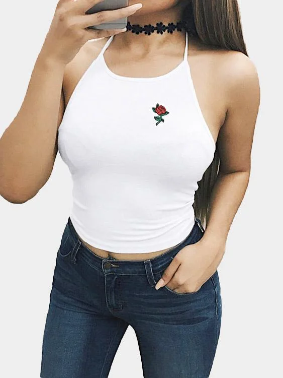 Closeout Custom Round Neck Halter Embroidered Backless Sleeveless White Camis