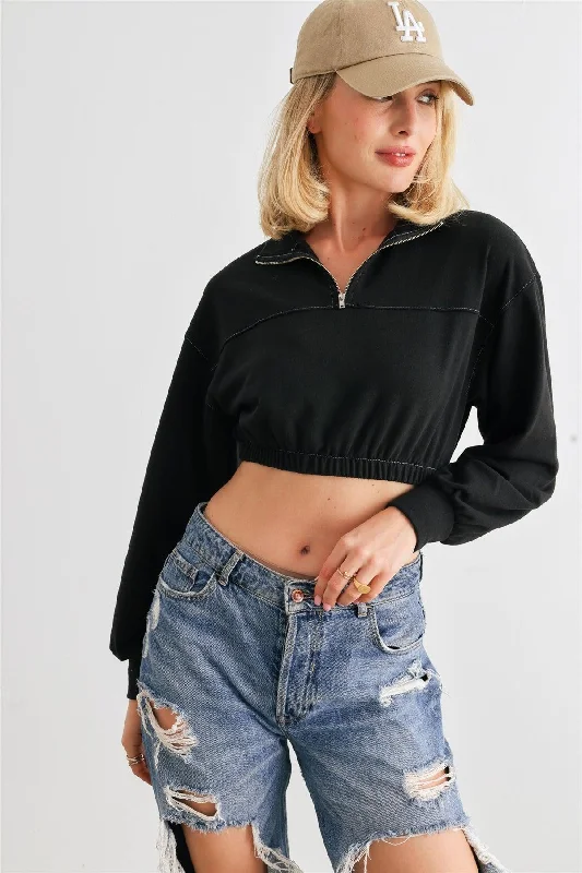 Discount Mania Black Zip-Up Mock Neck Long Sleeve Elastic Hem Crop Top /1-2-2-1