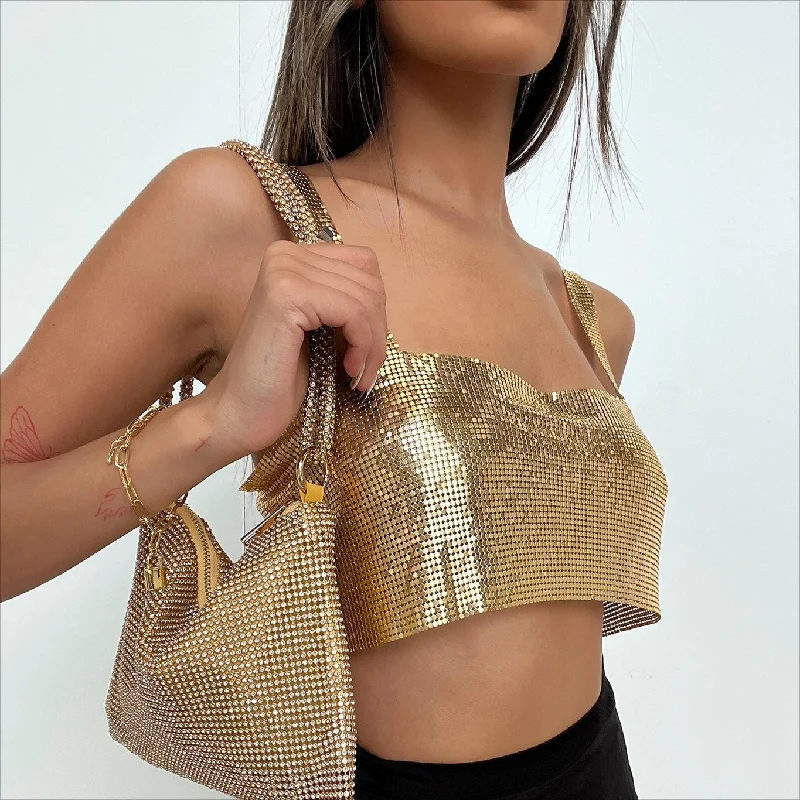 Don’t Miss Out SHIHAN Gold color metal crop top New Sexy Tops Metal Sequin Chain metallic Top Sleeveless Customizable chain vest