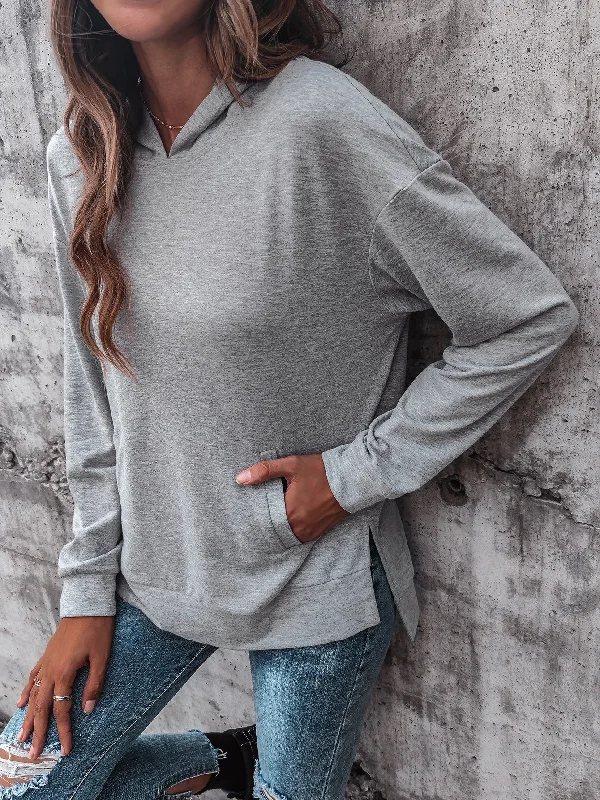Don't Delay Casual Plain Pocket Long Sleeve Hooded Slit Long Women Sweatshirt