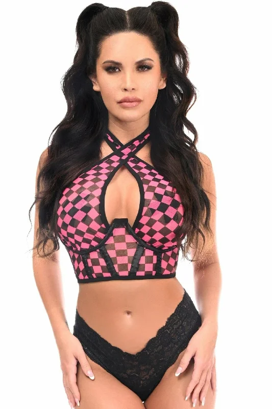 New Deals Sexy Black with Pink Checker Mesh Underwire Cincher with Built In Halter Top