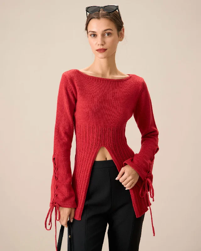 Customer Appreciation Sale Red Bell Sleeve Slit Sweater