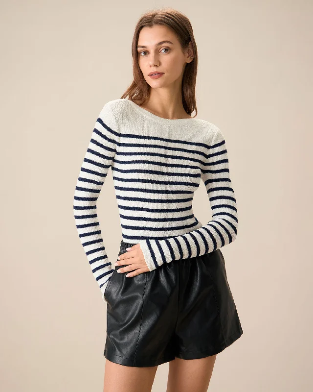 Exclusive Preview Women's Navy Boat Neck Slim Striped Sweater