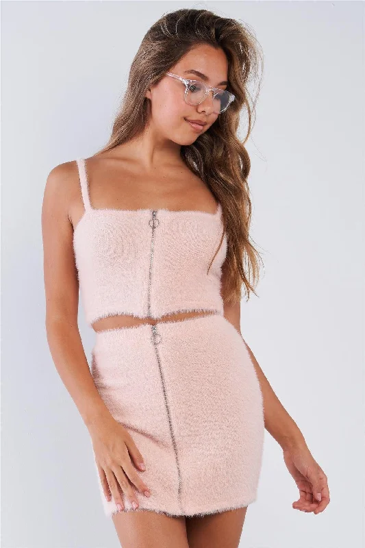 Special Offer Fuzzy Cotton Candy Pink Zipper Cami Strap Crop Top