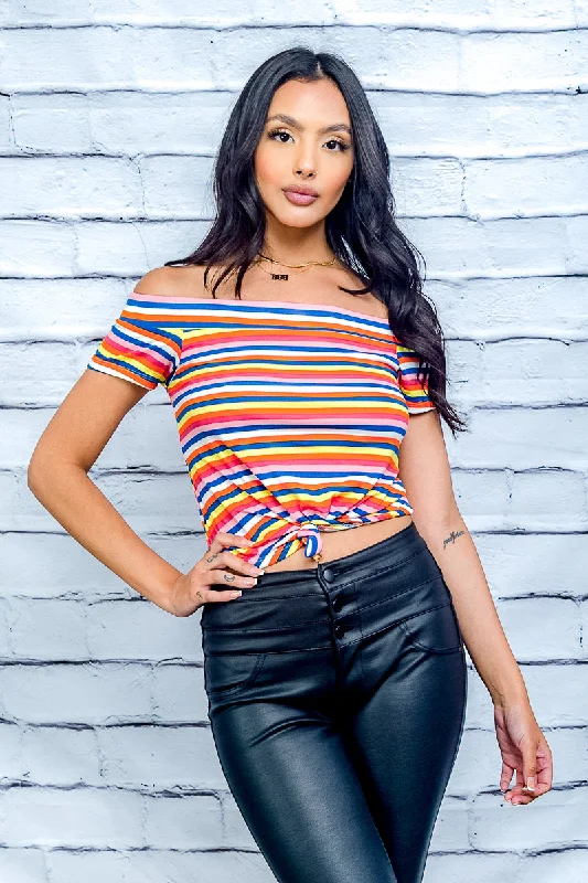 Low Prices Multi Color Stripe Off Shoulder Crop Top with Short Sleeves and Front Tie Detail (0008957)