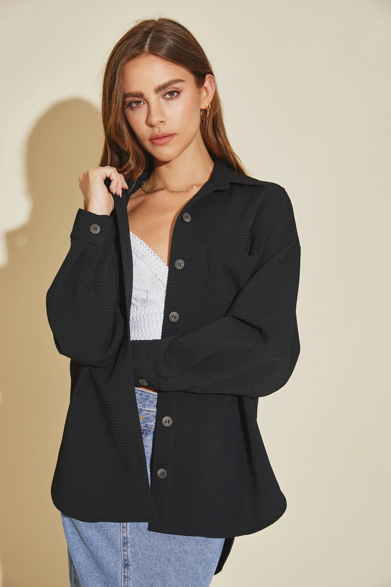 Unmissable Offer Textured Oversized Button-Up Woven Waffle Shirt