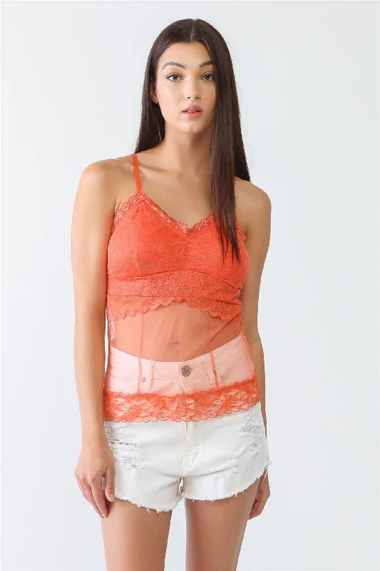 Today's Deal Coral Sheer Mesh Lace Push-Up Bustier Top