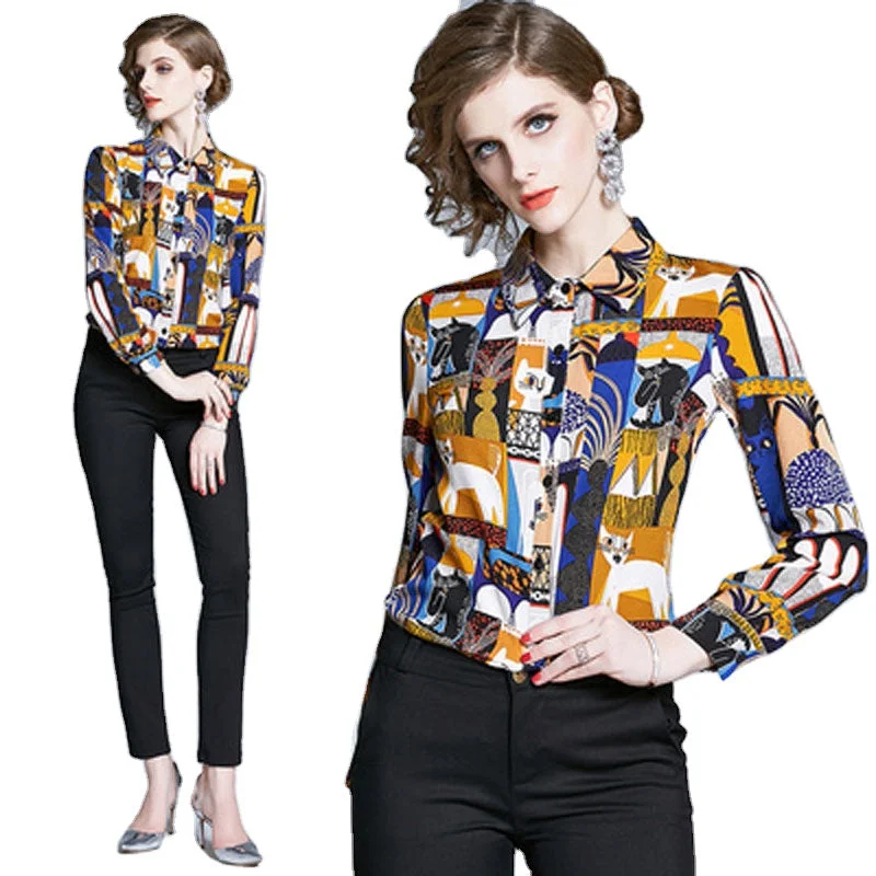 Seasonal Clearance AZ2050040 # Early spring European station fashion printed shirt lapel long sleeve wild white collar shirt