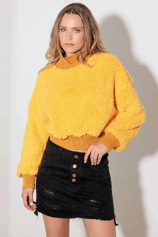 Weekend Savings Spectacular Fuzzy Ribbed Mock Neck Teddy Crop Sweater