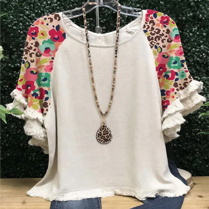 Value Deals 2023 Ladies Leopard Print Short Sleeve Stitching Plus Size T-shirts Women Summer Ruffle Tassel Patchwork Blouse