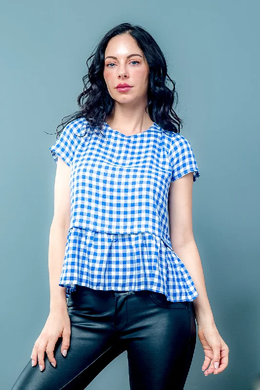 Value Deals Gingham Plaid Print  Short Sleeve Top With Peplum Waist Tie Back  (L5005)