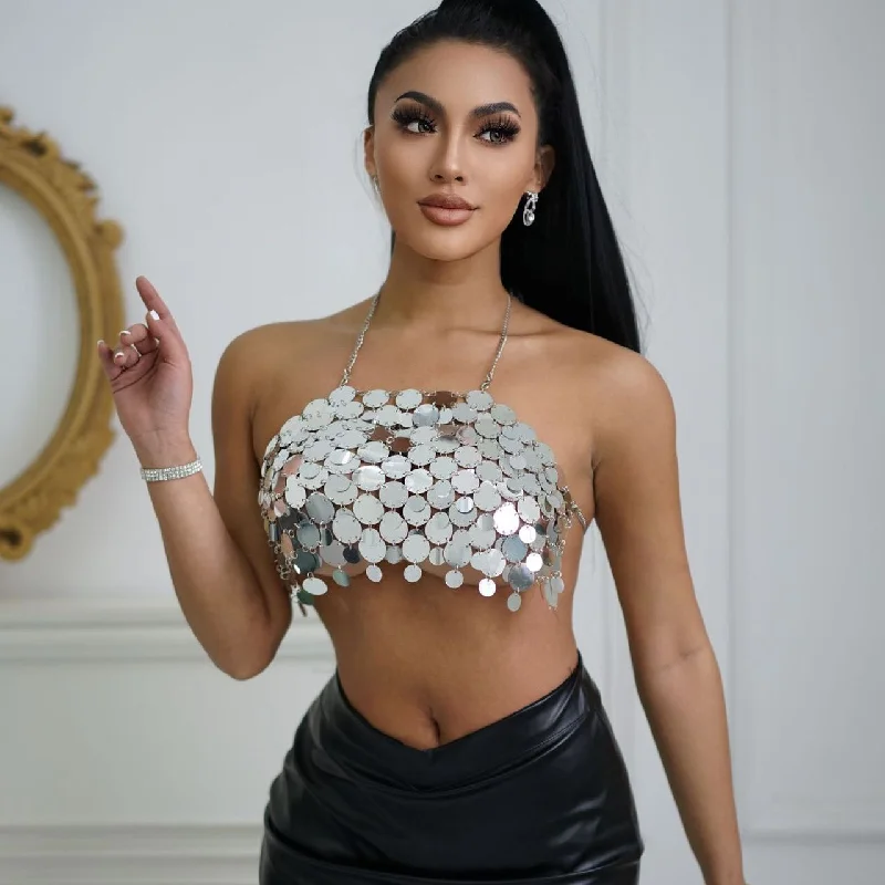 Savings Galore SHIHAN T20471 New Women Metal Mesh Crop Top Backless Chain Decor Shiny Halter Cropped Top Night Club Party Beach Wear Tops