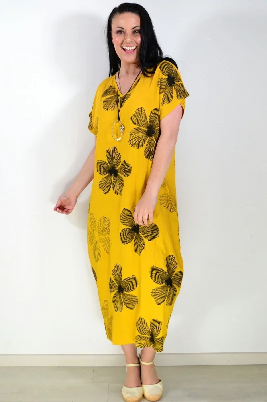 Blowout Deals Black Floral Mustard Yellow Dress