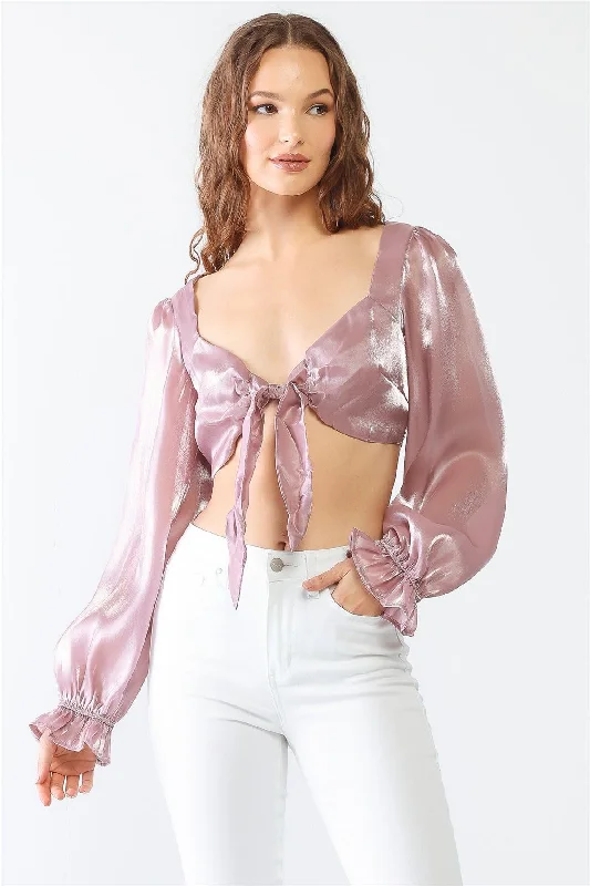 Don't Wait Mauve Shiny Organza Heart Shape Neck Puff Balloon Long Sleeve Back Criss-Cross Crop Top /1-2-2-1