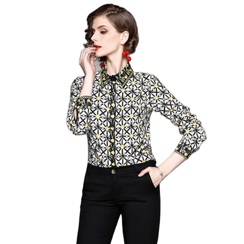 Sneak Peek Sale XC3222045-New Women's European and American Fashion Print Lapel Long Sleeve Shirt Slim Personalized Shirt